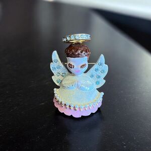 Vintage Enamel Pin Dodds Angel Brooch Gold Tone Halo & Blue Rhinestones Retro